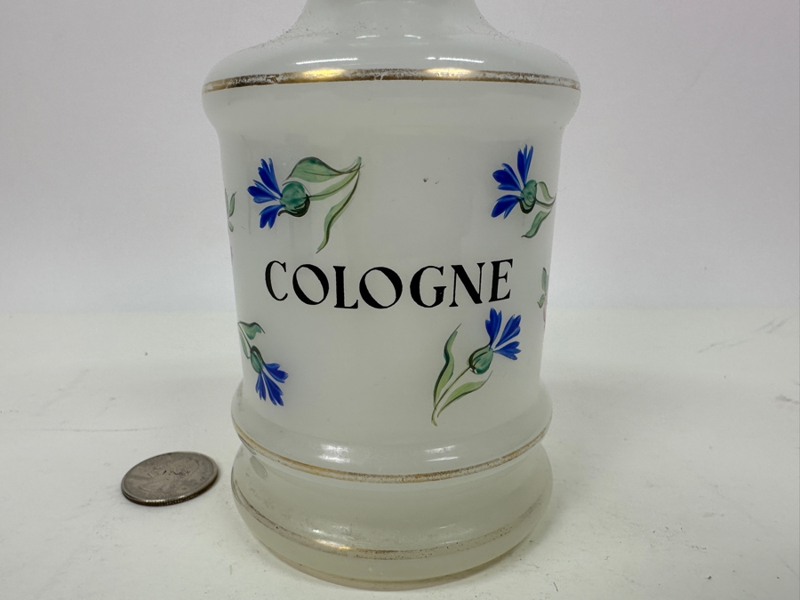 Antique Opaline Glass: White Hand Painted Perfume Cologne Bottle With Stopper 6.75'H [Photo 2]