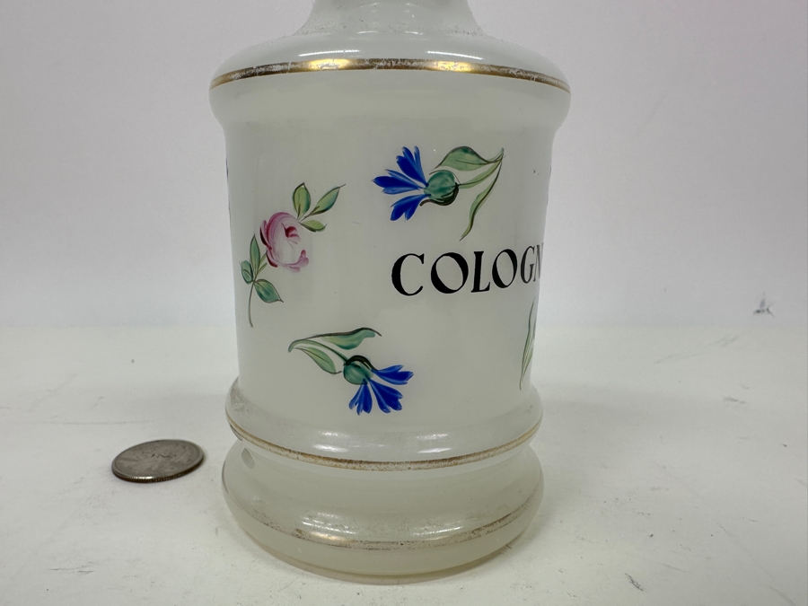 Antique Opaline Glass: White Hand Painted Perfume Cologne Bottle With Stopper 6.75'H [Photo 7]