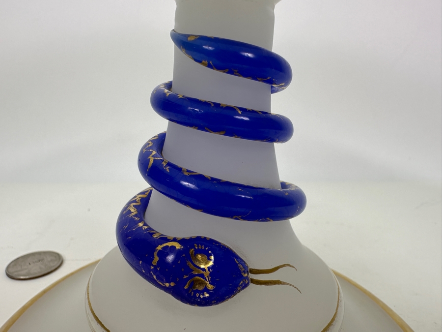 Antique Opaline Glass: White Compote With Applied Cobalt Blue Snake Chip In Rim 10.25'W X 7'H Appraised $300 [Photo 13]