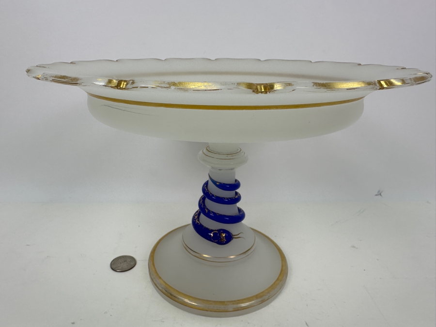 Antique Opaline Glass: White Compote With Applied Cobalt Blue Snake Chip In Rim 10.25'W X 7'H Appraised $300 [Photo 5]