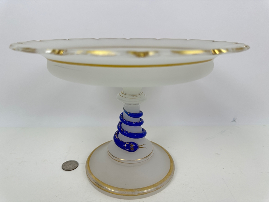 Antique Opaline Glass: White Compote With Applied Cobalt Blue Snake Chip In Rim 10.25'W X 7'H Appraised $300 [Photo 7]