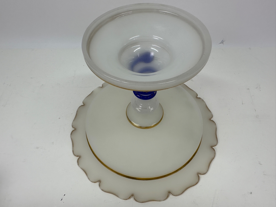 Antique Opaline Glass: White Compote With Applied Cobalt Blue Snake Chip In Rim 10.25'W X 7'H Appraised $300 [Photo 16]