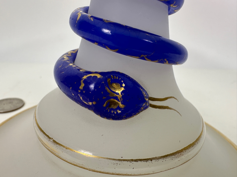 Antique Opaline Glass: White Compote With Applied Cobalt Blue Snake Chip In Rim 10.25'W X 7'H Appraised $300 [Photo 12]