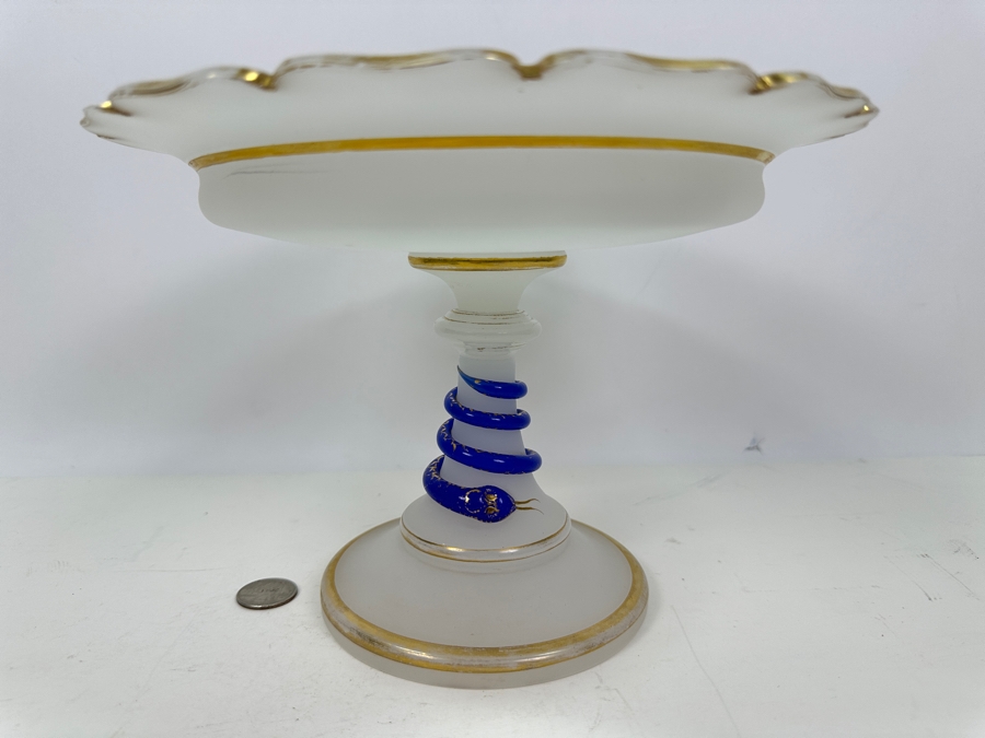 Antique Opaline Glass: White Compote With Applied Cobalt Blue Snake Chip In Rim 10.25'W X 7'H Appraised $300 [Photo 3]