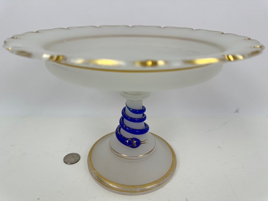Antique Opaline Glass: White Compote With Applied Cobalt Blue Snake Chip In Rim 10.25'W X 7'H Appraised $300 [Photo 6]