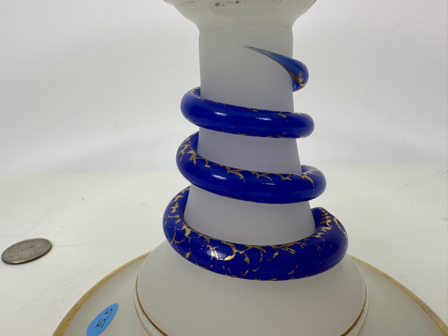 Antique Opaline Glass: White Compote With Applied Cobalt Blue Snake Chip In Rim 10.25'W X 7'H Appraised $300 [Photo 14]