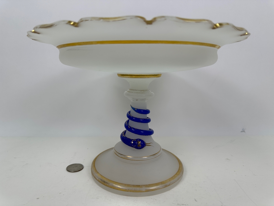 Antique Opaline Glass: White Compote With Applied Cobalt Blue Snake Chip In Rim 10.25'W X 7'H Appraised $300 [Photo 4]