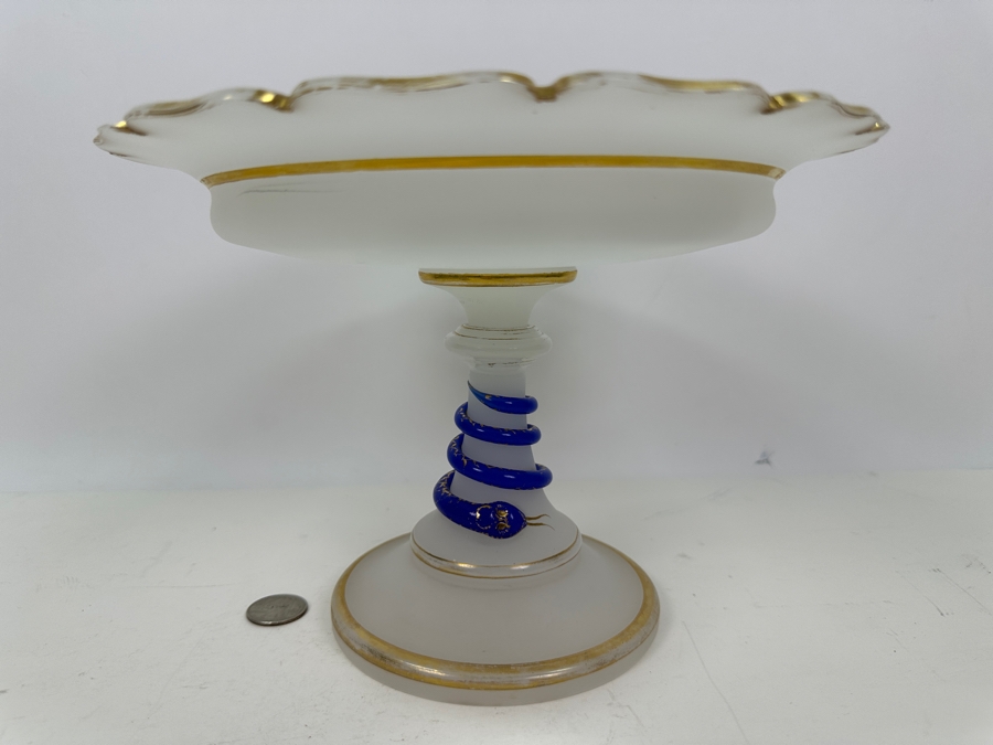 Antique Opaline Glass: White Compote With Applied Cobalt Blue Snake Chip In Rim 10.25'W X 7'H Appraised $300 [Photo 2]