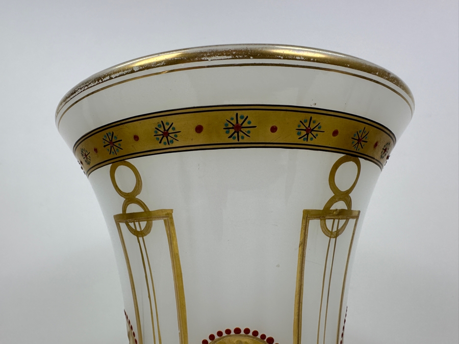 Antique Opaline Glass: Large White Vase With Gold & Red Decor Hole In Bottom (Lamp) 11.5'H Appraised $175 [Photo 5]