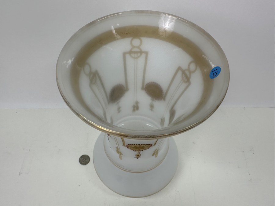 Antique Opaline Glass: Large White Vase With Gold & Red Decor Hole In Bottom (Lamp) 11.5'H Appraised $175 [Photo 6]