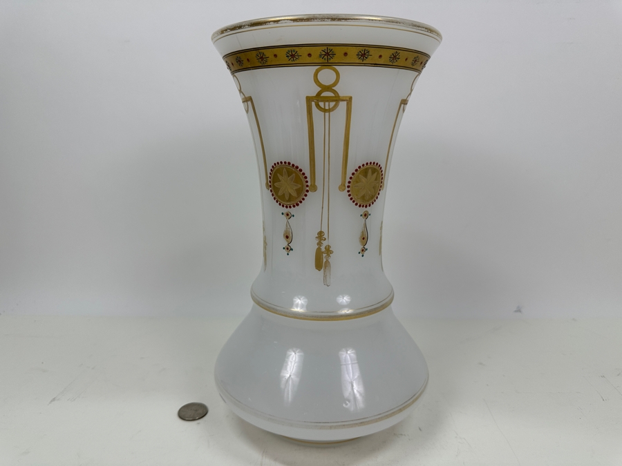 Antique Opaline Glass: Large White Vase With Gold & Red Decor Hole In Bottom (Lamp) 11.5'H Appraised $175 [Photo 8]