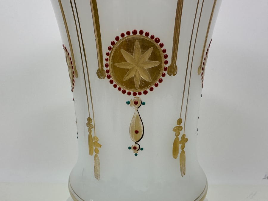 Antique Opaline Glass: Large White Vase With Gold & Red Decor Hole In Bottom (Lamp) 11.5'H Appraised $175 [Photo 4]