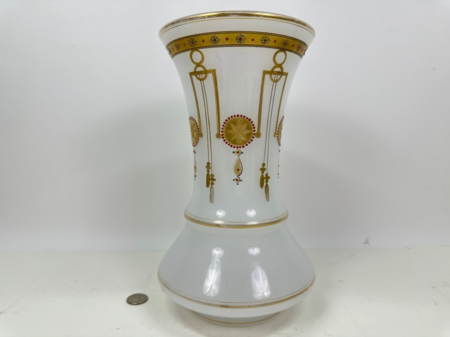 Antique Opaline Glass: Large White Vase With Gold & Red Decor Hole In Bottom (Lamp) 11.5'H Appraised $175 [Photo 3]