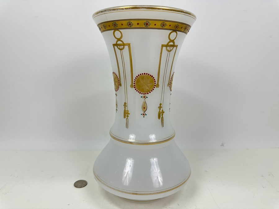 Antique Opaline Glass: Large White Vase With Gold & Red Decor Hole In Bottom (Lamp) 11.5'H Appraised $175 [Photo 2]