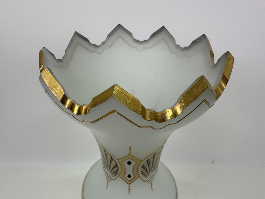 Antique Opaline Glass: Large White Hand Painted Vase Hole In Bottom Chip In Rim (Lamp) 1920 14.5'H Appraised $150 [Photo 6]