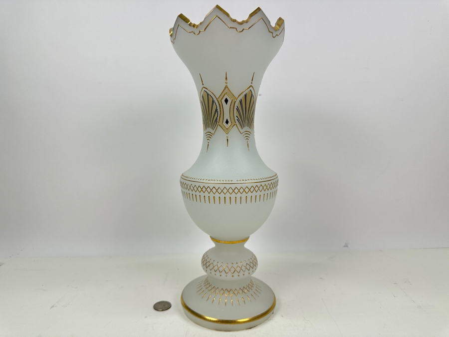 Antique Opaline Glass: Large White Hand Painted Vase Hole In Bottom Chip In Rim (Lamp) 1920 14.5'H Appraised $150 [Photo 3]