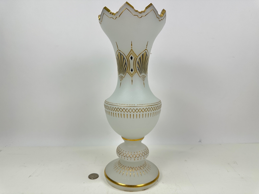 Antique Opaline Glass: Large White Hand Painted Vase Hole In Bottom Chip In Rim (Lamp) 1920 14.5'H Appraised $150 [Photo 2]