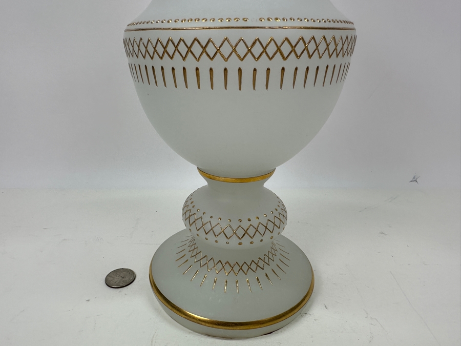 Antique Opaline Glass: Large White Hand Painted Vase Hole In Bottom Chip In Rim (Lamp) 1920 14.5'H Appraised $150 [Photo 5]