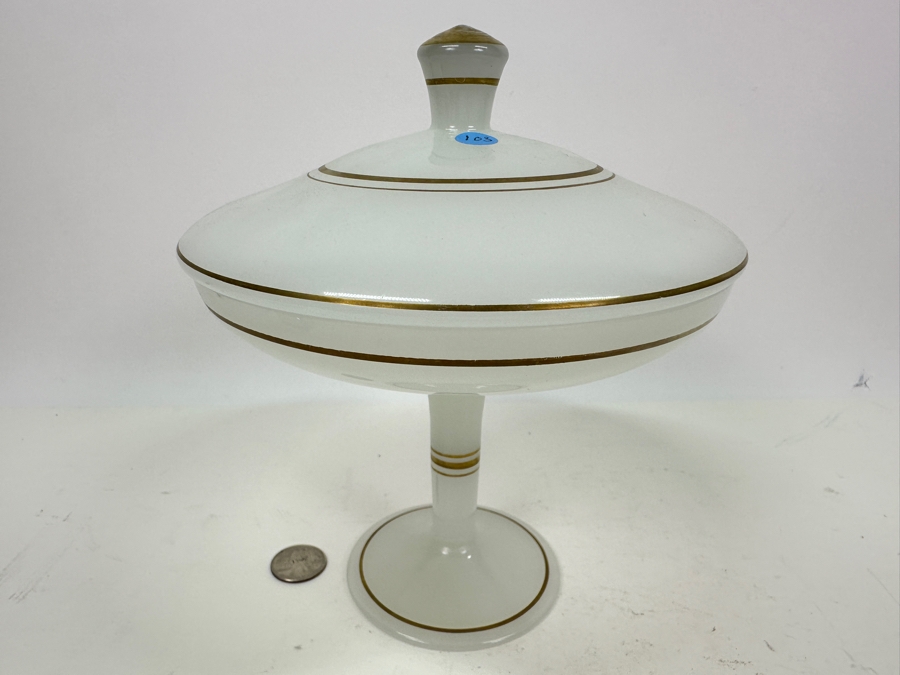 Vintage Mid-Century Opaline Glass: White Compote With Lid & Gold Decorations 7'W X 8.5'H Appraised $70 [Photo 3]