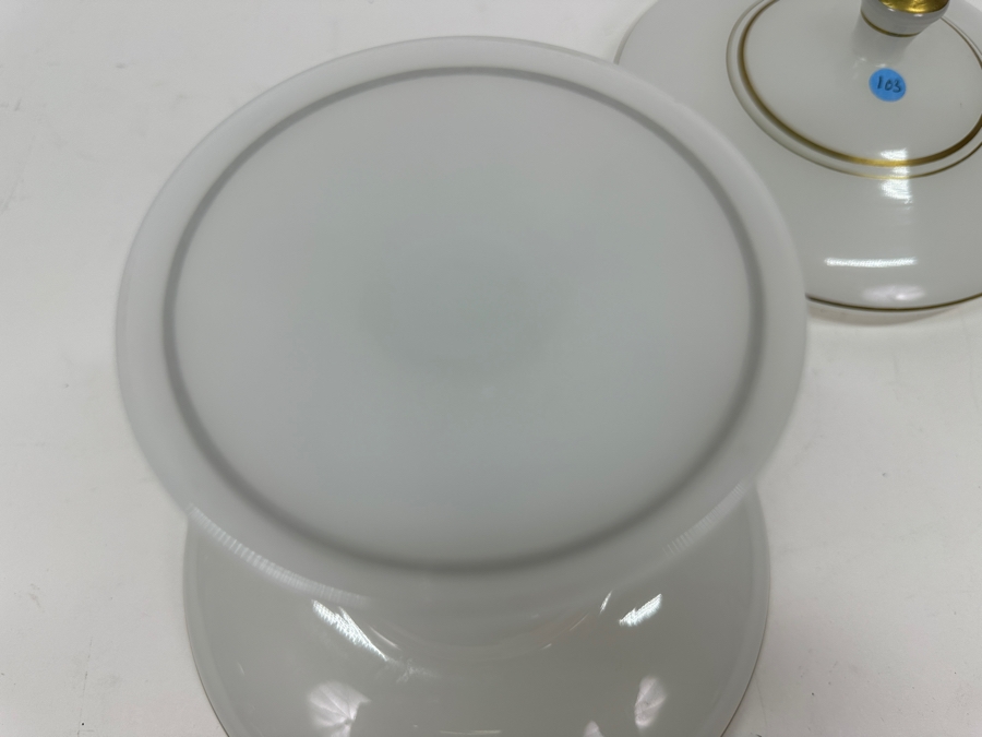 Vintage Mid-Century Opaline Glass: White Compote With Lid & Gold Decorations 7'W X 8.5'H Appraised $70 [Photo 6]