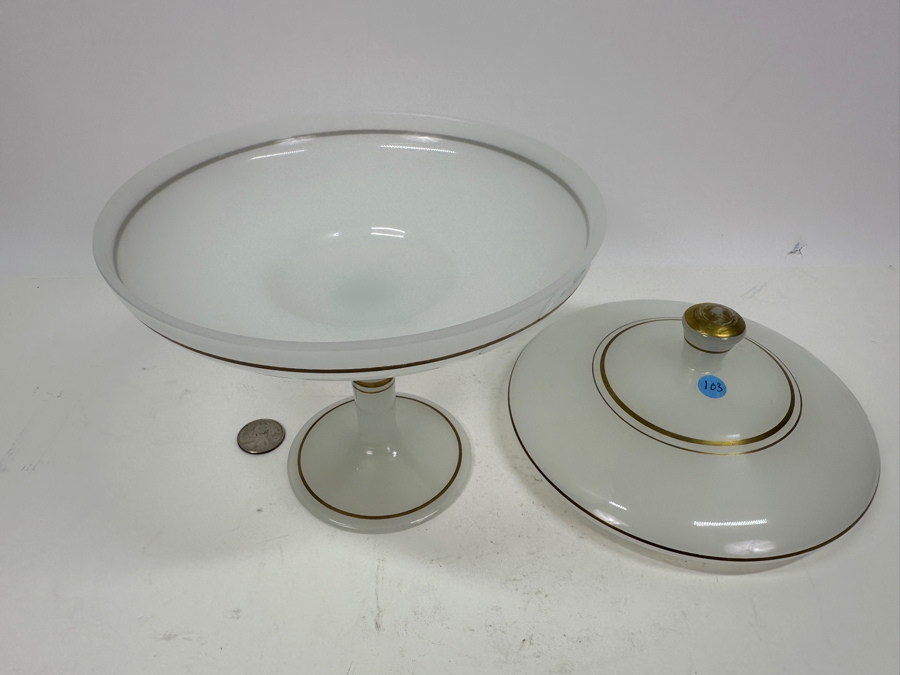 Vintage Mid-Century Opaline Glass: White Compote With Lid & Gold Decorations 7'W X 8.5'H Appraised $70 [Photo 5]