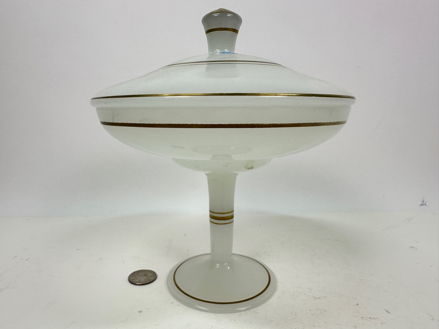Vintage Mid-Century Opaline Glass: White Compote With Lid & Gold Decorations 7'W X 8.5'H Appraised $70 [Photo 2]