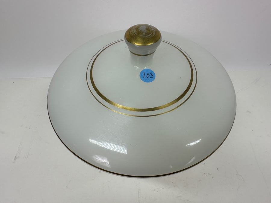 Vintage Mid-Century Opaline Glass: White Compote With Lid & Gold Decorations 7'W X 8.5'H Appraised $70 [Photo 4]