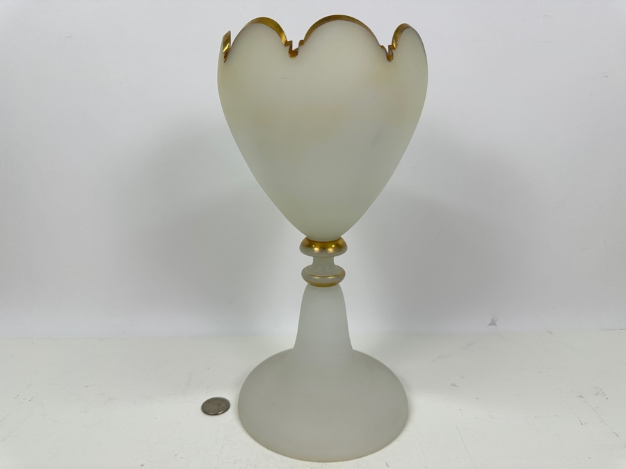 Antique Opaline Glass: White Matte Chalice With Scallop Top And Gold Trim 12'H Appraised $175 [Photo 2]