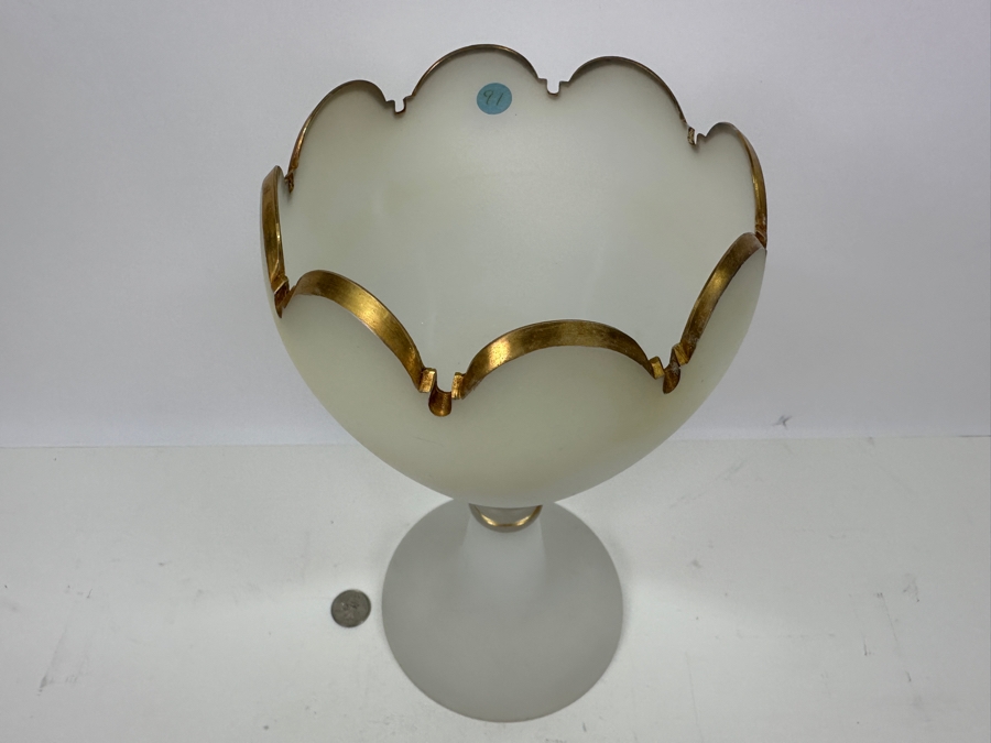 Antique Opaline Glass: White Matte Chalice With Scallop Top And Gold Trim 12'H Appraised $175 [Photo 3]