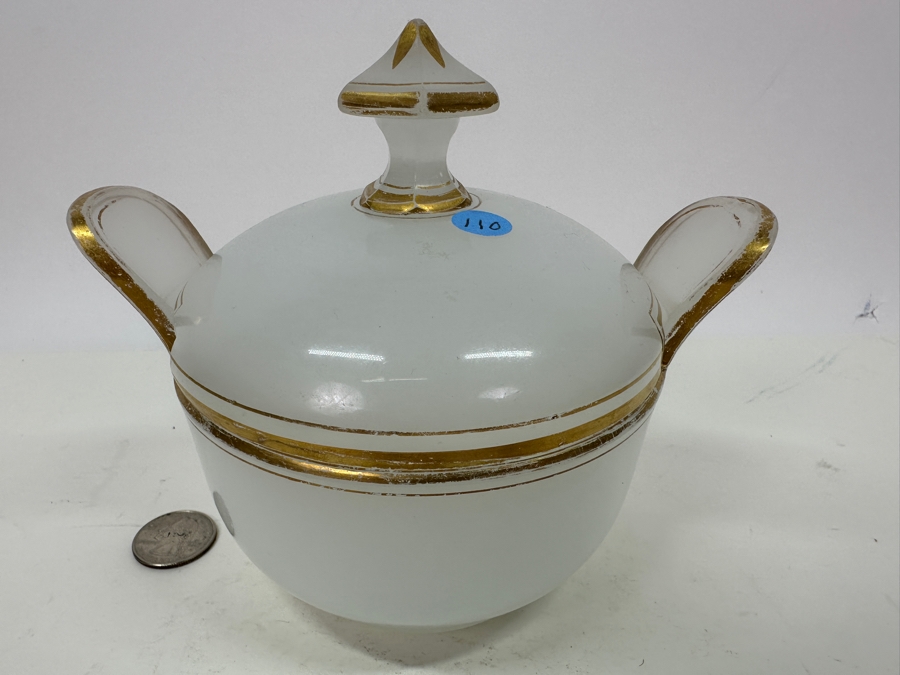Antique Opaline Glass: White Handled Dish With Gold Decor 6.25'W X 5.5'H Appraised $150 [Photo 2]