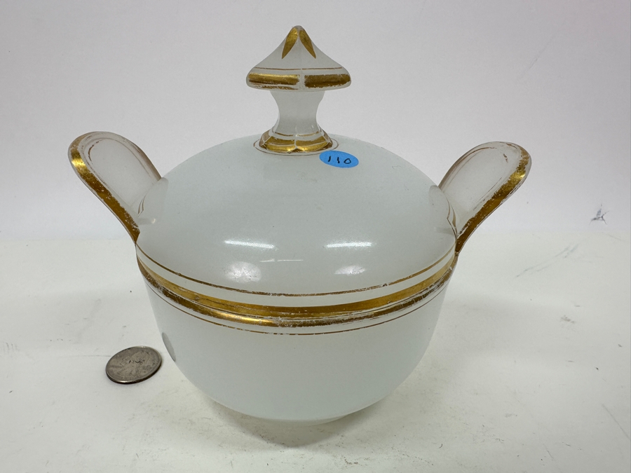 Antique Opaline Glass: White Handled Dish With Gold Decor 6.25'W X 5.5'H Appraised $150 [Photo 4]