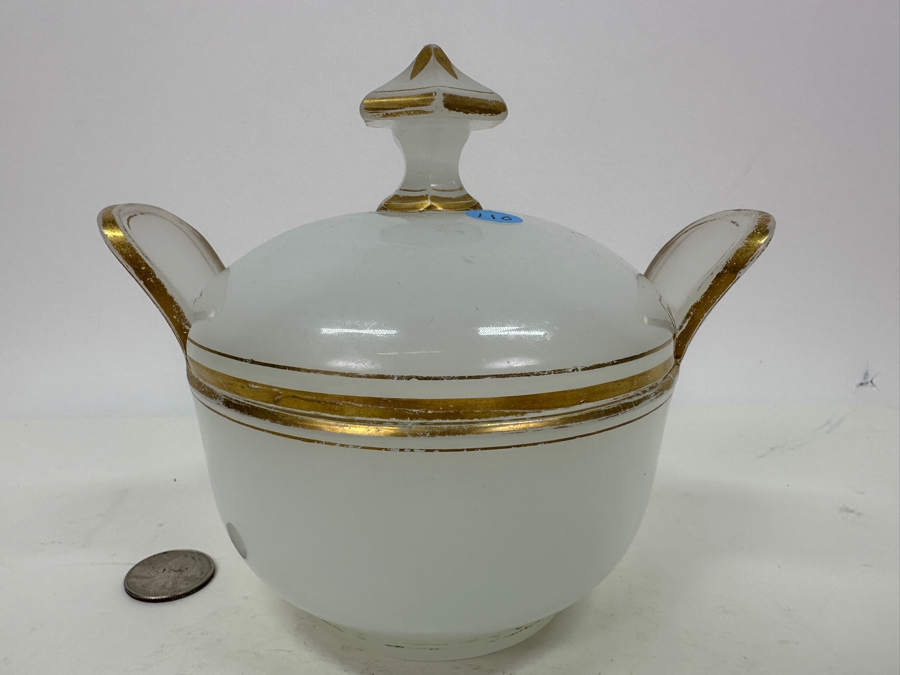 Antique Opaline Glass: White Handled Dish With Gold Decor 6.25'W X 5.5'H Appraised $150 [Photo 3]
