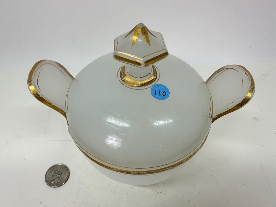 Antique Opaline Glass: White Handled Dish With Gold Decor 6.25'W X 5.5'H Appraised $150 [Photo 5]