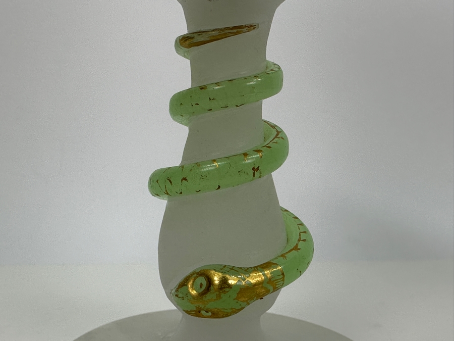 Antique Opaline Glass: White Goblet With Green Applied Snake 7.5'H Appraised $120 [Photo 4]