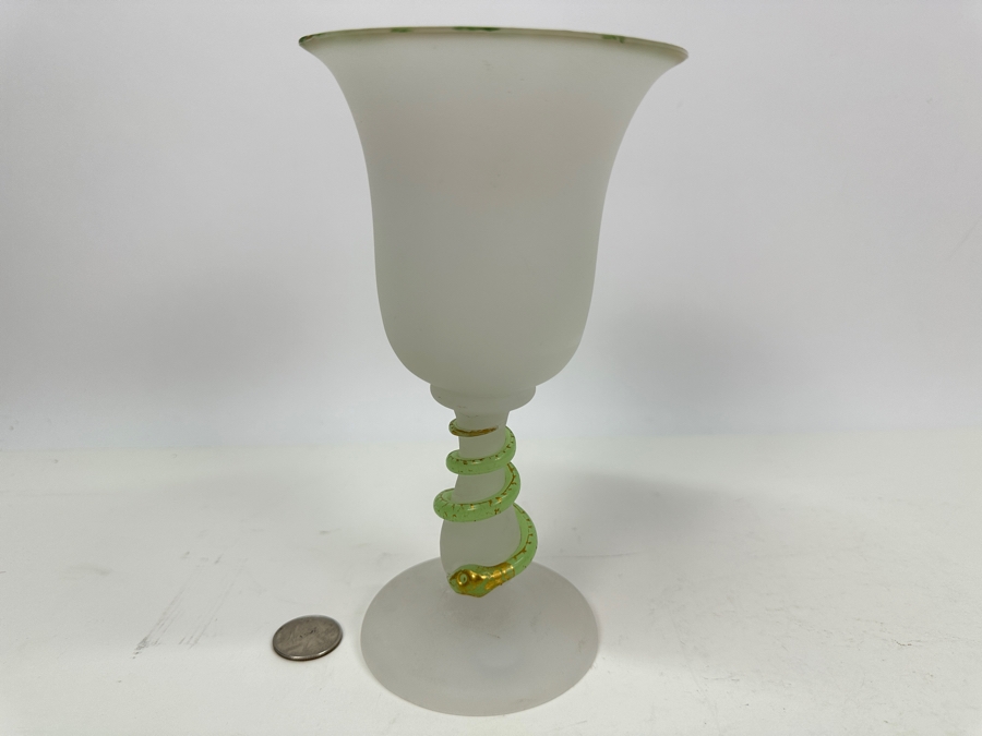 Antique Opaline Glass: White Goblet With Green Applied Snake 7.5'H Appraised $120 [Photo 2]