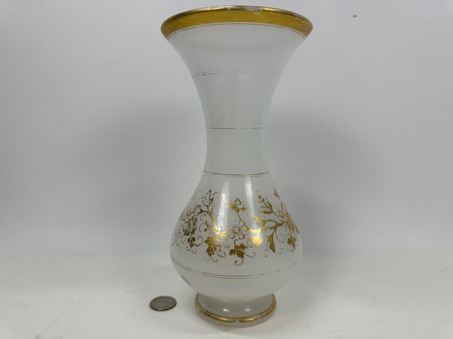 Antique Opaline Glass: White Vase With Gold Decor 9.5'H Appraised $275 [Photo 2]