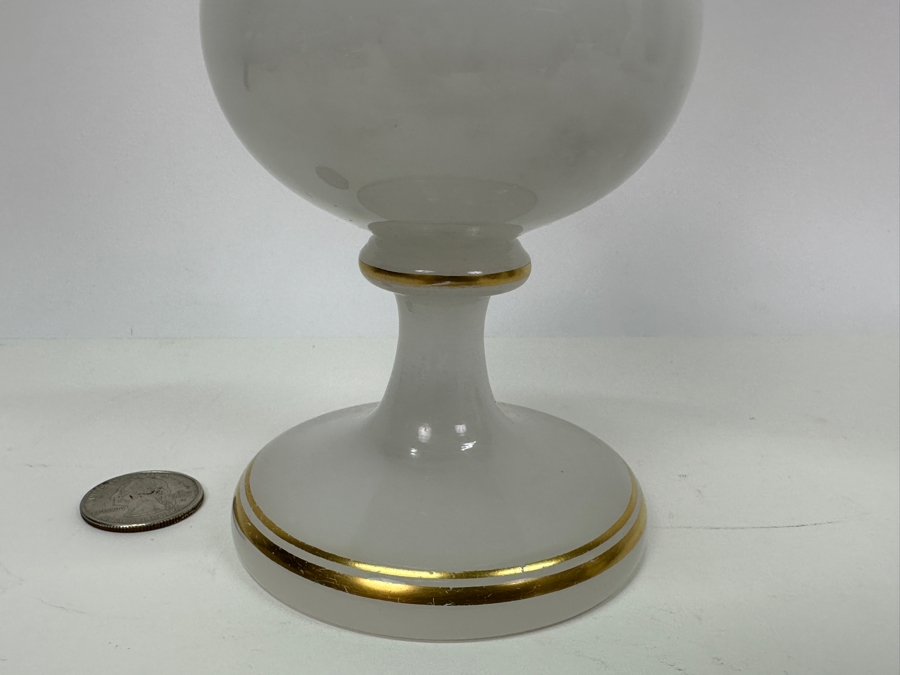 Antique Opaline Glass: White Vase With Gold Decorations - Marble Stuck Inside Of Neck 10'H Appraised $80 [Photo 5]