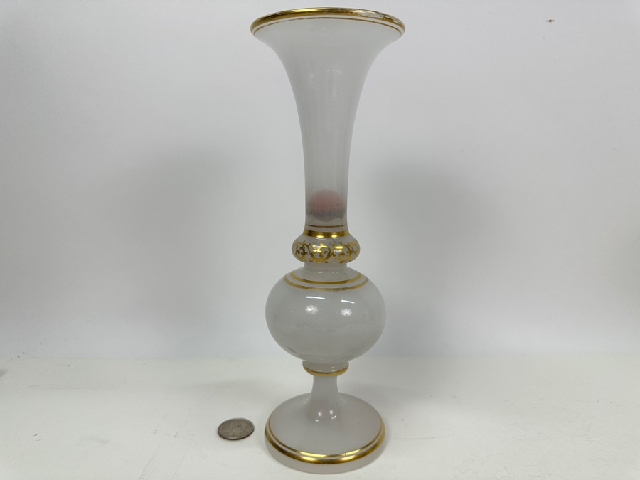 Antique Opaline Glass: White Vase With Gold Decorations - Marble Stuck Inside Of Neck 10'H Appraised $80 [Photo 2]