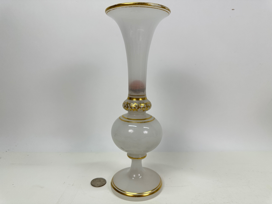 Antique Opaline Glass: White Vase With Gold Decorations - Marble Stuck Inside Of Neck 10'H Appraised $80 [Photo 3]