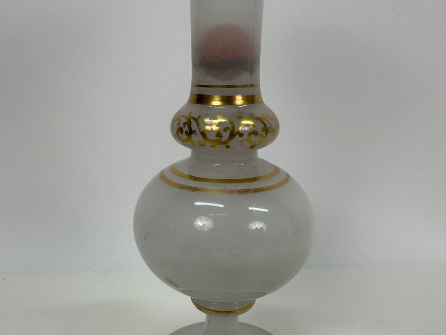 Antique Opaline Glass: White Vase With Gold Decorations - Marble Stuck Inside Of Neck 10'H Appraised $80 [Photo 4]