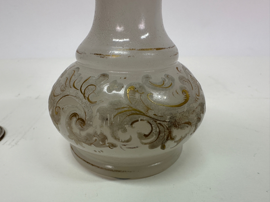 Antique Opaline Glass: White Bud Vase With Gold & White Hand Painted Decorations And Blue Trim 3.5'H Appraised $65 [Photo 7]