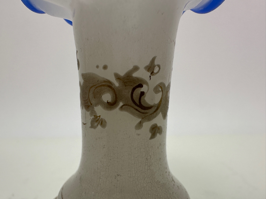 Antique Opaline Glass: White Bud Vase With Gold & White Hand Painted Decorations And Blue Trim 3.5'H Appraised $65 [Photo 5]