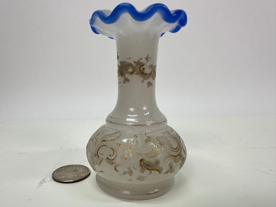 Antique Opaline Glass: White Bud Vase With Gold & White Hand Painted Decorations And Blue Trim 3.5'H Appraised $65 [Photo 3]