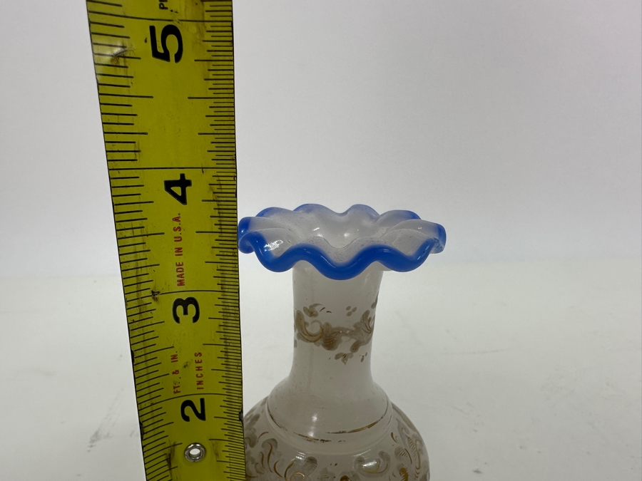 Antique Opaline Glass: White Bud Vase With Gold & White Hand Painted Decorations And Blue Trim 3.5'H Appraised $65 [Photo 10]