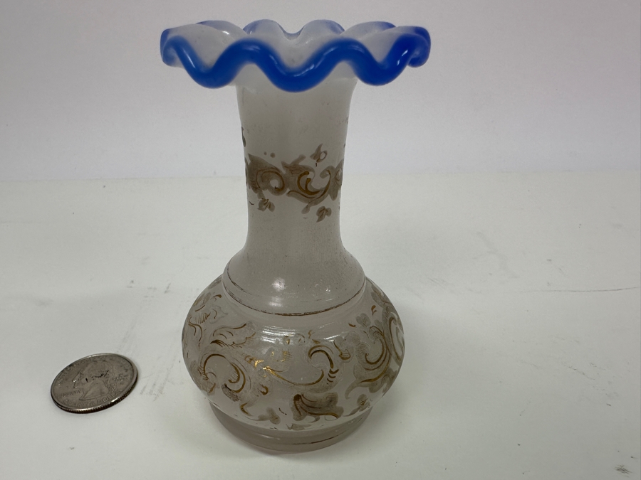 Antique Opaline Glass: White Bud Vase With Gold & White Hand Painted Decorations And Blue Trim 3.5'H Appraised $65 [Photo 4]