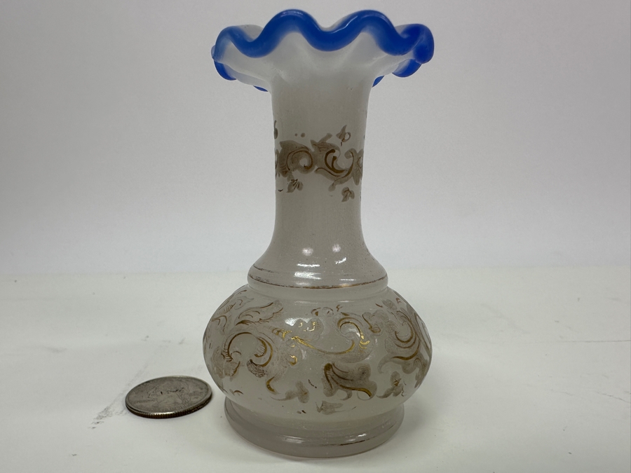 Antique Opaline Glass: White Bud Vase With Gold & White Hand Painted Decorations And Blue Trim 3.5'H Appraised $65 [Photo 2]