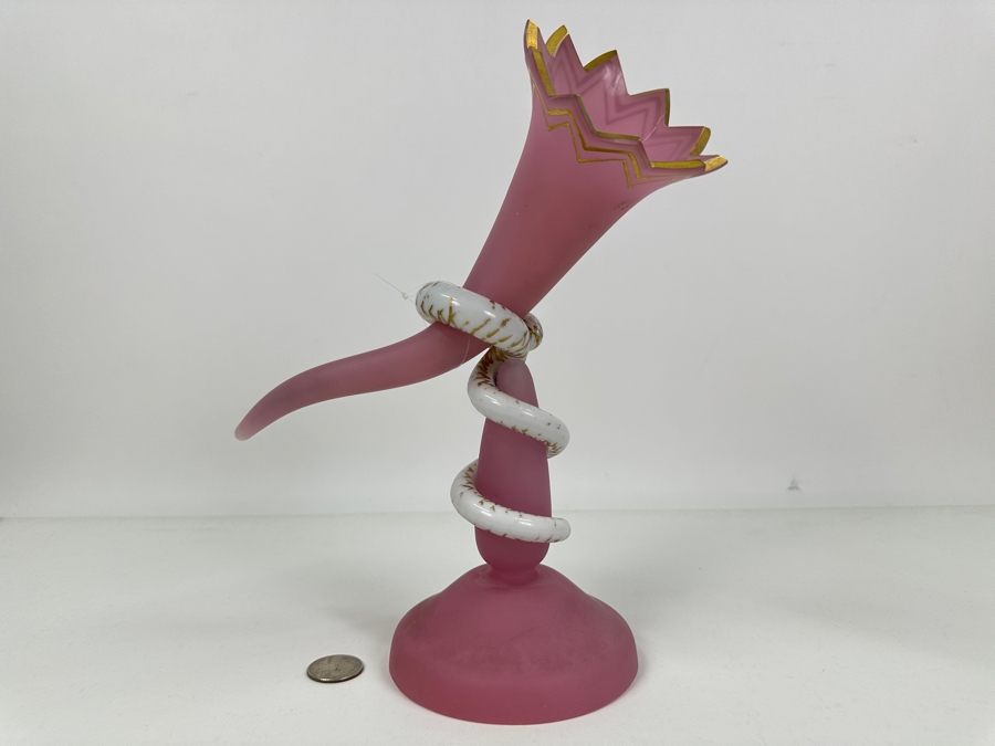 Antique Opaline Glass: Rare 2-Piece Trumpet Vase With Applied White Snake Stand With Gold Decorations 10.5'H [Photo 3]