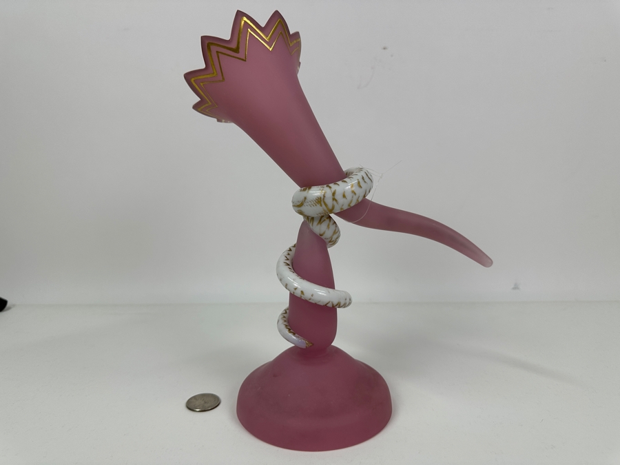 Antique Opaline Glass: Rare 2-Piece Trumpet Vase With Applied White Snake Stand With Gold Decorations 10.5'H [Photo 8]