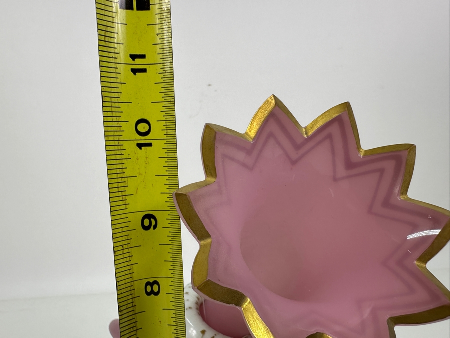 Antique Opaline Glass: Rare 2-Piece Trumpet Vase With Applied White Snake Stand With Gold Decorations 10.5'H [Photo 9]