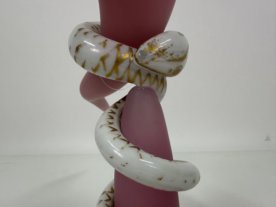 Antique Opaline Glass: Rare 2-Piece Trumpet Vase With Applied White Snake Stand With Gold Decorations 10.5'H [Photo 5]